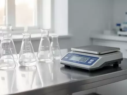 Ein steriler Labortisch mit Glasgefäßen und einer Waage in einer klinischen Umgebung. - Foto: über boerse-global.de