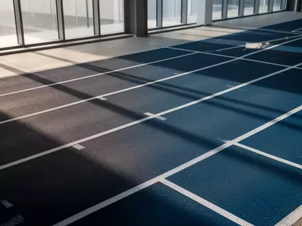 Eine moderne, minimalistische Indoor-Laufbahn in einem hellen Raum mit weichem Tageslicht. - Foto: über boerse-global.de