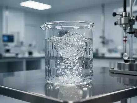 Ein Laboraufbau zeigt eine klare Flüssigkeit mit mikroskopischen Bläschen in einem Glasgefäß, um physikalische Reinigungseffekte zu veranschaulichen. - Foto: über boerse-global.de