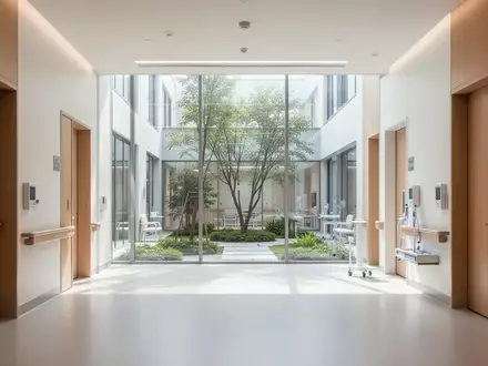 Ein heller, moderner Flur in einer medizinischen Rehabilitationseinrichtung mit Blick auf einen begrünten Innenhof. - Foto: über boerse-global.de