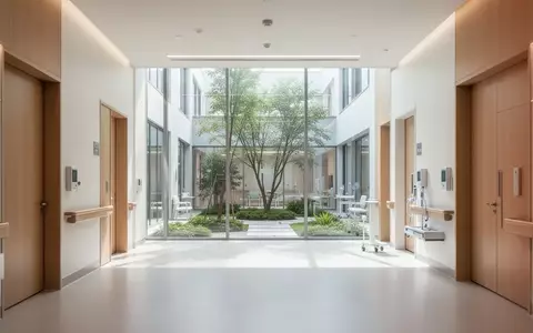 Ein heller, moderner Flur in einer medizinischen Rehabilitationseinrichtung mit Blick auf einen begrünten Innenhof. - Foto: über boerse-global.de