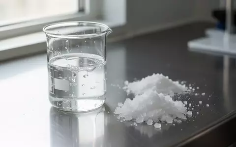 Ein Laborbecher mit einer klaren Flüssigkeit und eine kleine Menge weißes Pulver auf einer Edelstahloberfläche. - Foto: über boerse-global.de