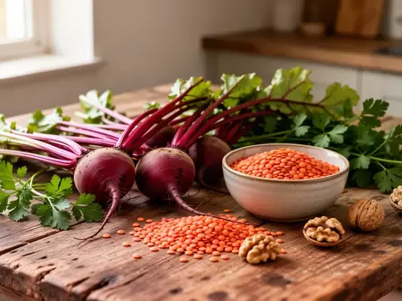 Frische Rote Bete, rote Linsen, Petersilie und Walnüsse auf einem rustikalen Holztisch in einer hellen Küche. - Foto: über boerse-global.de