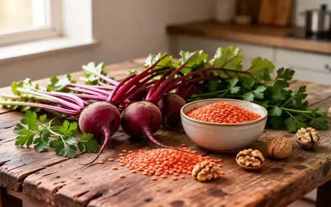 Frische Rote Bete, rote Linsen, Petersilie und Walnüsse auf einem rustikalen Holztisch in einer hellen Küche. - Foto: über boerse-global.de