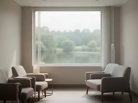 Ein minimalistisch gestalteter, ruhiger Behandlungsraum in einer Klinik mit natürlichem Tageslicht und Blick ins Grüne. - Foto: über boerse-global.de