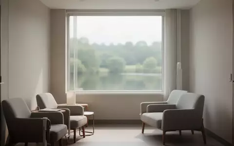 Ein minimalistisch gestalteter, ruhiger Behandlungsraum in einer Klinik mit natürlichem Tageslicht und Blick ins Grüne. - Foto: über boerse-global.de
