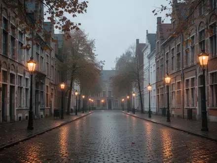Eine menschenleere, historische Kopfsteinpflastergasse in Gent in der Abenddämmerung mit klassischer flämischer Architektur. - Foto: über boerse-global.de