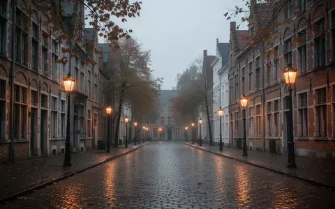 Eine menschenleere, historische Kopfsteinpflastergasse in Gent in der Abenddämmerung mit klassischer flämischer Architektur. - Foto: über boerse-global.de