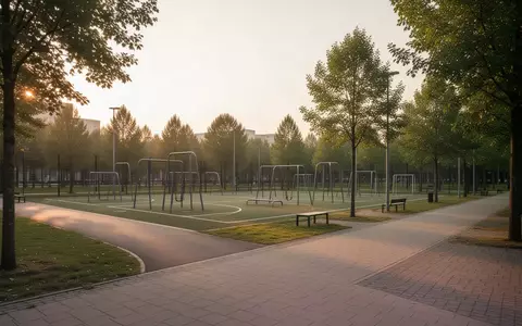 Ein leerer öffentlicher Sportplatz in einem Park bei Sonnenuntergang, der zu Bewegung im Freien einlädt. - Foto: über boerse-global.de