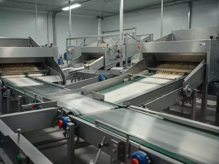 Saubere industrielle Förderbänder und Verarbeitungsmaschinen in einer Lebensmittelproduktionsstätte. - Foto: über boerse-global.de