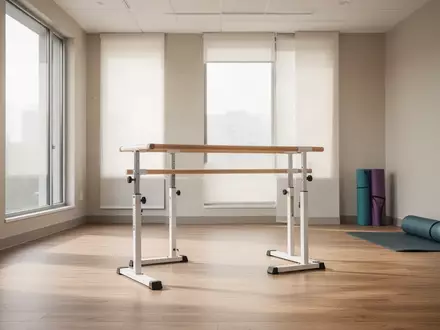 Ein heller, minimalistischer Physiotherapieraum mit Barren für das Gangtraining bei Tageslicht. - Foto: über boerse-global.de