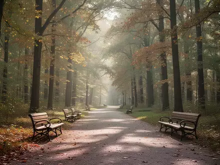 Ein sonnendurchfluteter Waldweg mit leeren Parkbänken im Herbst, der zu Spaziergängen einlädt. - Foto: über boerse-global.de