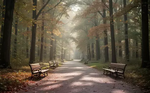 Ein sonnendurchfluteter Waldweg mit leeren Parkbänken im Herbst, der zu Spaziergängen einlädt. - Foto: über boerse-global.de