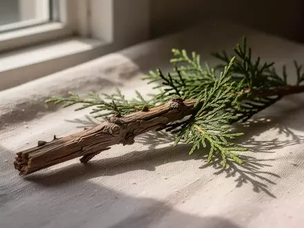 Ein Ast eines Hinoki-Zypressenbaums liegt auf einem hellen Leinenstoff in weichem, natürlichem Licht. - Foto: über boerse-global.de