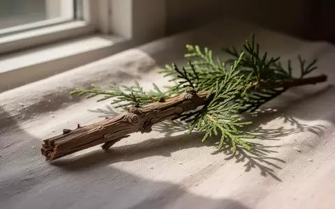 Ein Ast eines Hinoki-Zypressenbaums liegt auf einem hellen Leinenstoff in weichem, natürlichem Licht. - Foto: über boerse-global.de