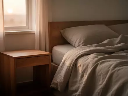 Ein minimalistisches Schlafzimmer bei Tagesanbruch mit weichem Licht, das auf ein ungemachtes Bett fällt. - Foto: über boerse-global.de