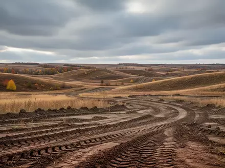 Weites, unebenes Testgelände in North Dakota mit Grasflächen und Reifenspuren unter einem bewölkten Himmel. - Foto: über boerse-global.de