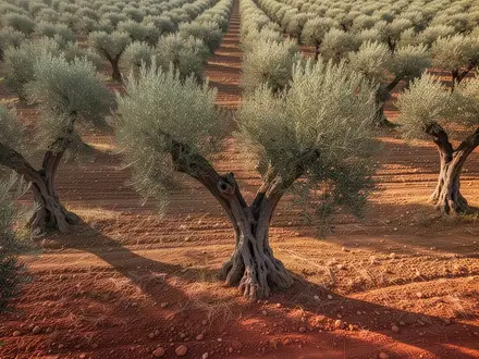 Ein sonnendurchfluteter Olivenhain mit knorrigen Bäumen in einer trockenen mediterranen Landschaft. - Foto: über boerse-global.de