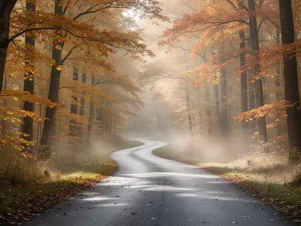 Ein leerer, gewundener Asphaltweg in einem herbstlichen Wald mit goldenen Blättern und leichtem Morgennebel. - Foto: über boerse-global.de