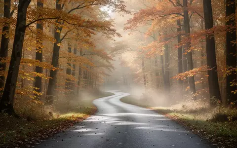Ein leerer, gewundener Asphaltweg in einem herbstlichen Wald mit goldenen Blättern und leichtem Morgennebel. - Foto: über boerse-global.de