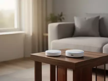 Ein minimalistisches Smart-Home-Gerät auf einem Holztisch in einem modernen, hellen Wohnzimmer. - Foto: über boerse-global.de