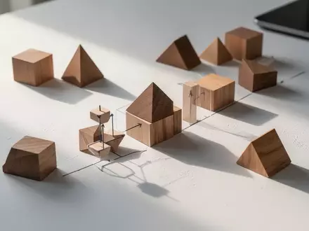 Minimalistische Schreibtischoberfläche mit geometrischen Holzklötzen, die abstrakte Lernprozesse und Wissensstrukturen symbolisieren. - Foto: über boerse-global.de