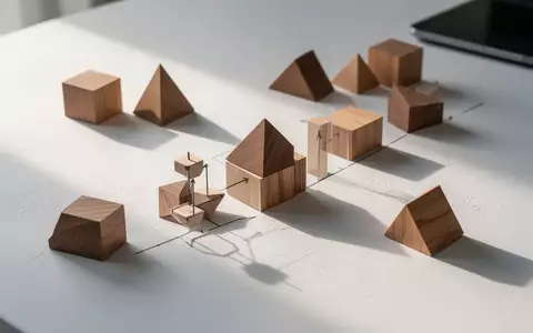 Minimalistische Schreibtischoberfläche mit geometrischen Holzklötzen, die abstrakte Lernprozesse und Wissensstrukturen symbolisieren. - Foto: über boerse-global.de