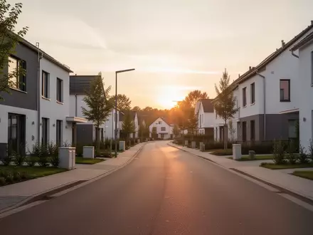 Eine ruhige, leere Wohnstraße in einer deutschen Vorstadtsiedlung bei Sonnenuntergang. - Foto: über boerse-global.de