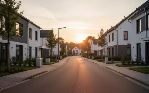 Eine ruhige, leere Wohnstraße in einer deutschen Vorstadtsiedlung bei Sonnenuntergang. - Foto: über boerse-global.de