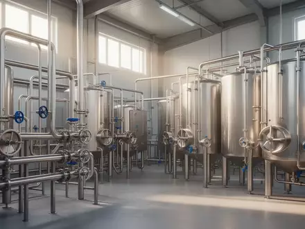 Industrielle Molkerei-Anlage mit Edelstahlrohren und -tanks in einer hellen Produktionshalle. - Foto: über boerse-global.de