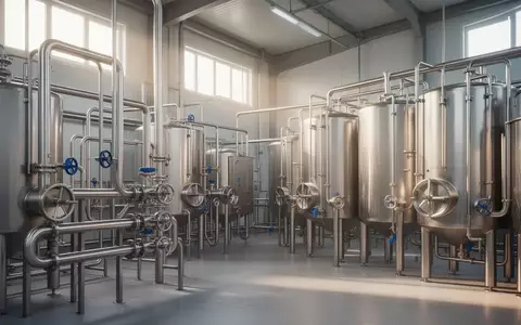 Industrielle Molkerei-Anlage mit Edelstahlrohren und -tanks in einer hellen Produktionshalle. - Foto: über boerse-global.de