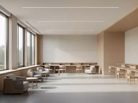 Ein minimalistisch gestalteter, lichtdurchfluteter Lernraum in moderner Architektur mit Holzoberflächen und ruhiger Atmosphäre. - Foto: über boerse-global.de