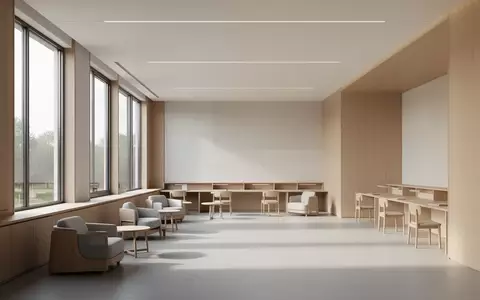 Ein minimalistisch gestalteter, lichtdurchfluteter Lernraum in moderner Architektur mit Holzoberflächen und ruhiger Atmosphäre. - Foto: über boerse-global.de