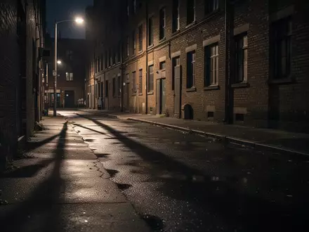 Eine nächtliche, menschenleere Stadtstraße mit langen Schatten und reflektierendem Asphalt vor einer Backsteinfassade. - Foto: über boerse-global.de