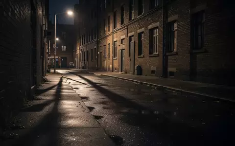 Eine nächtliche, menschenleere Stadtstraße mit langen Schatten und reflektierendem Asphalt vor einer Backsteinfassade. - Foto: über boerse-global.de