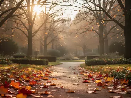 Ein ruhiger Parkweg im Herbst mit buntem Laub unter kahlen Bäumen im sanften Sonnenlicht. - Foto: über boerse-global.de