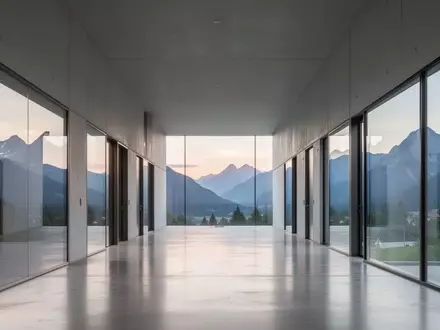 Ein minimalistischer, moderner Forschungsflur mit Blick auf eine österreichische Berglandschaft bei Tagesanbruch. - Foto: über boerse-global.de