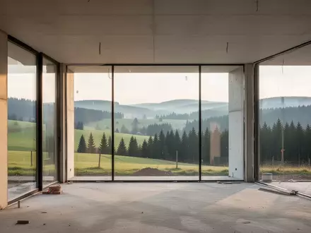 Eine moderne Baustelle eines Fitnessstudios in einer ländlichen Hügellandschaft mit großen Glasfronten und Rohbau-Elementen. - Foto: über boerse-global.de