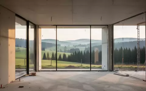 Eine moderne Baustelle eines Fitnessstudios in einer ländlichen Hügellandschaft mit großen Glasfronten und Rohbau-Elementen. - Foto: über boerse-global.de