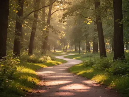 Ein friedlicher, von Sonnenlicht durchfluteter Waldweg in einem Park, der zur Erholung und Bewegung einlädt. - Foto: über boerse-global.de