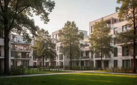 Moderne Wohngebäude in einer grünen Wohnsiedlung in München bei natürlichem Tageslicht. - Foto: über boerse-global.de