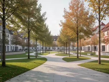 Ein moderner, grüner Stadtpark mit gepflasterten Wegen und Bäumen im Herbst, der eine ruhige städtische Umgebung darstellt. - Foto: über boerse-global.de