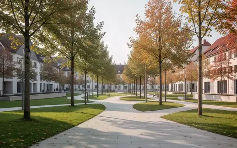 Ein moderner, grüner Stadtpark mit gepflasterten Wegen und Bäumen im Herbst, der eine ruhige städtische Umgebung darstellt. - Foto: über boerse-global.de