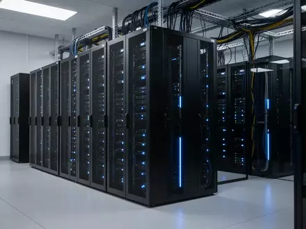 Ein moderner, minimalistischer Serverraum mit schwarzen Serverschränken und blauen Statusleuchten in einem Behördengebäude. - Foto: über boerse-global.de