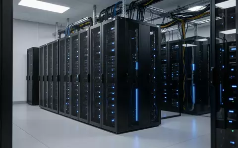 Ein moderner, minimalistischer Serverraum mit schwarzen Serverschränken und blauen Statusleuchten in einem Behördengebäude. - Foto: über boerse-global.de