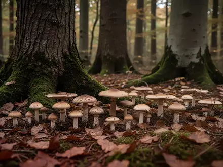 Verschiedene Pilze auf einem moosigen Waldboden im Herbst unter alten Bäumen. - Foto: über boerse-global.de