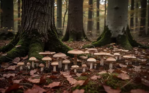 Verschiedene Pilze auf einem moosigen Waldboden im Herbst unter alten Bäumen. - Foto: über boerse-global.de