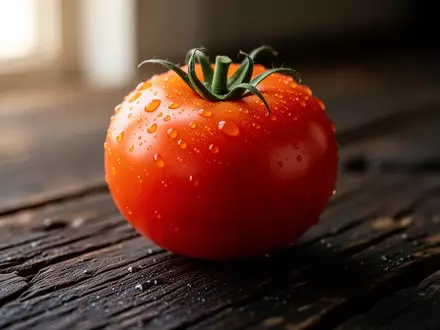 Eine einzelne, frische Tomate mit Tautropfen auf einem rustikalen Holztisch, die für eine naturbelassene Ernährung steht. - Foto: über boerse-global.de