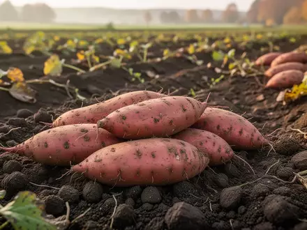 Frisch geerntete Süßkartoffeln auf einem Ackerboden im Schweizer Mittelland bei Tageslicht. - Foto: über boerse-global.de