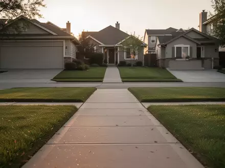 Eine leere Wohnstraße in einem Vorort mit gepflasterten Gehwegen und grünen Vorgärten im sanften Licht der Abendsonne. - Foto: über boerse-global.de